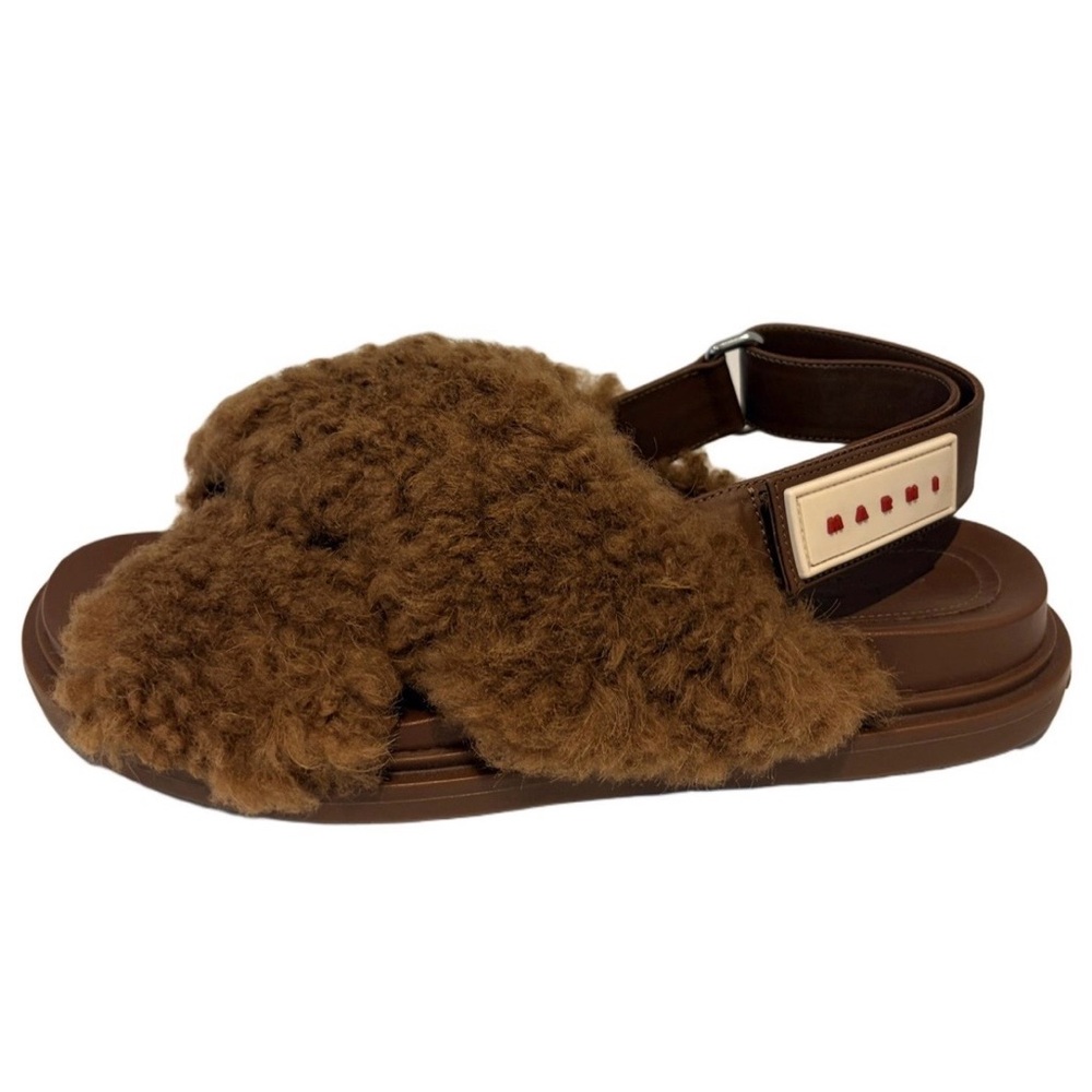 MARNI Brown Fuzzy Crossover Shearling Sandals